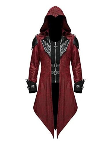 Men's Medieval Tailcoat Steampunk Vintage Spliced Hooded Trench Zipper Coat Gothic Dark Halloween Costume (X-Large, Burgundy)