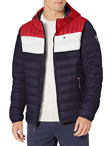 Tommy Hilfiger Men's Water Resistant Ultra Loft Filled Hooded Puffer Jacket, Midnight/Ice/Red Flag Colorblock, Medium