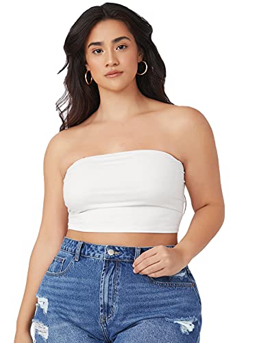 Floerns Women's Plus Size Solid Strapless Bandeau Tops Basic Crop Tube Tops White 2XL