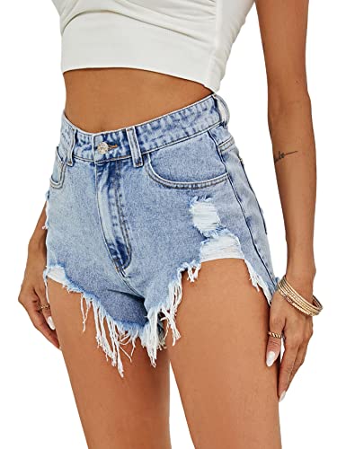 MakeMeChic Women's Ripped Jean Shorts High Waisted Distressed Denim Shorts Light Wash M