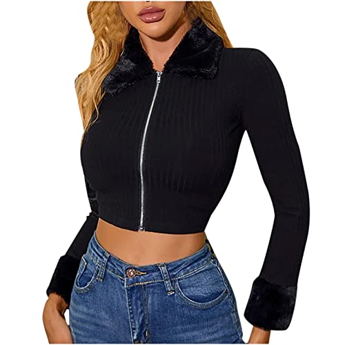Womens Sexy Cropped Knitwear Faux Fur Trim Collar Zipper Sweater Cardigan Solid Color Fashion Slimming Lapel Outerwear Black
