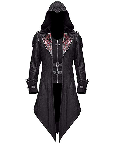 Devil Fashion Men's Steampunk Gothic Hooded Leather Halloween Cosplay Stage Performance Costume Coat, Black, 4X-Large