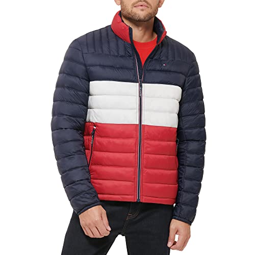 Tommy Hilfiger Men's Water Resistant Ultra Loft Down Alternative Puffer Jacket, Midnight/White/red, Large
