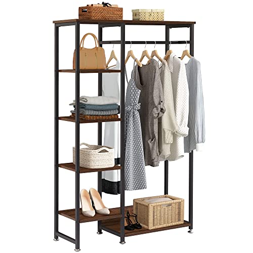 VECELO Free-Standing Heavy Duty Vintage Closet/Storage Organizer for Bedroom Clothes Garment Rack with Shelves and Hanging Rod, Dark Brown