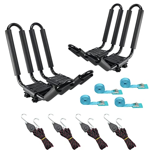 2 Pairs Heavy Duty Kayak Rack-Includes 4 Pcs Ratchet Tie-Mount on Car Roof Top Crossbar-Easy to Carry Kayak Canoe Boat Surf Ski (J-Bar Rack)