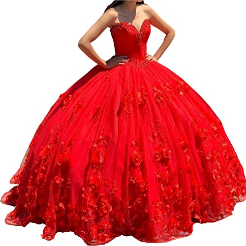 Hand Made Flowers Ball Gowns Sweet 16 Prom Dresses Pearls Beaded Bandage Backless Quinceanera Dress Red 6
