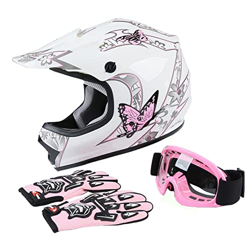 DOT Youth Kids Motocross Offroad Street Dirt Bike Helmet Youth Motorcycle ATV Helmet with Goggles Gloves Pink Butterfly S