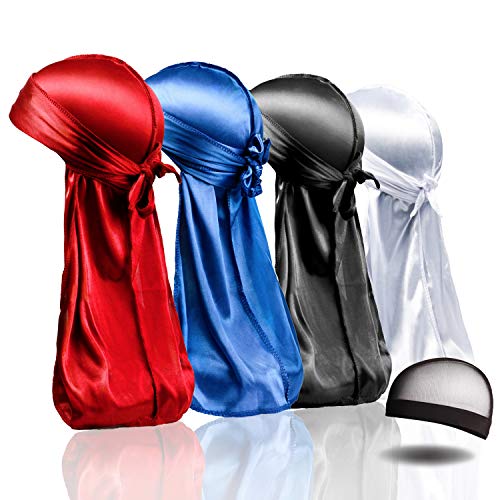 4PCS Silky Durags, Silk Durag for Men Women Waves, Silk Durag Pack with 1 Wave Cap, Silky Satin Durag Extra Long Tails(Red, Blue, Black, White)