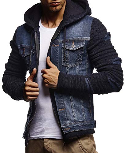 LEIF NELSON Men's Denim Jacket With Knitted Sleeves | Jeans Sweater Jacket With Hood| LN5755; Medium, Blue