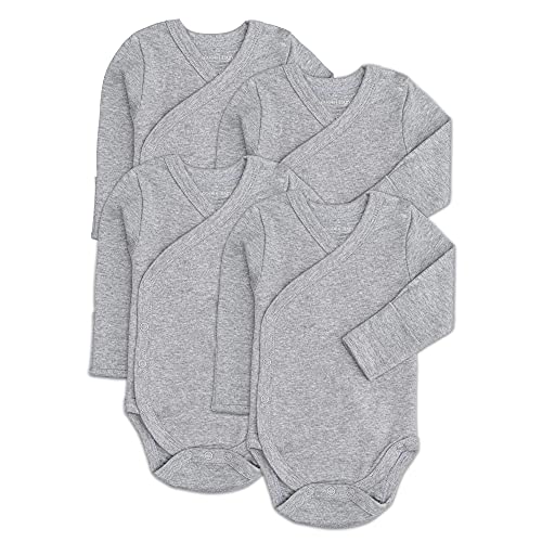 Baby Side Snap Bodysuit Set, Long Sleeve Cotton Boy Girl Kimono Onesie, 4 Pack, Gray, 3-6 Months