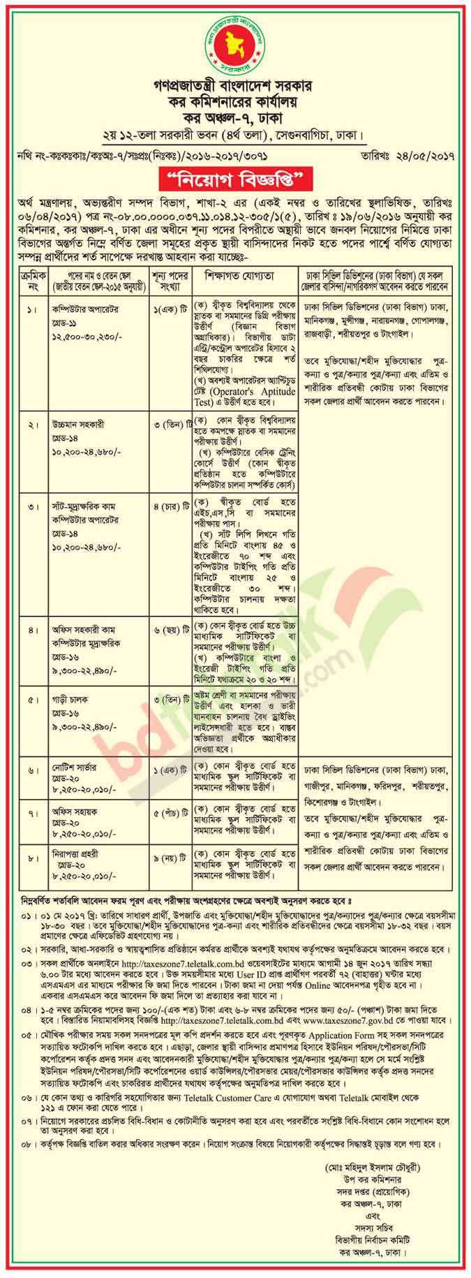 Dhaka Taxes Zone 7 Job Circular 2021 | www taxeszone7 teletalk com bd