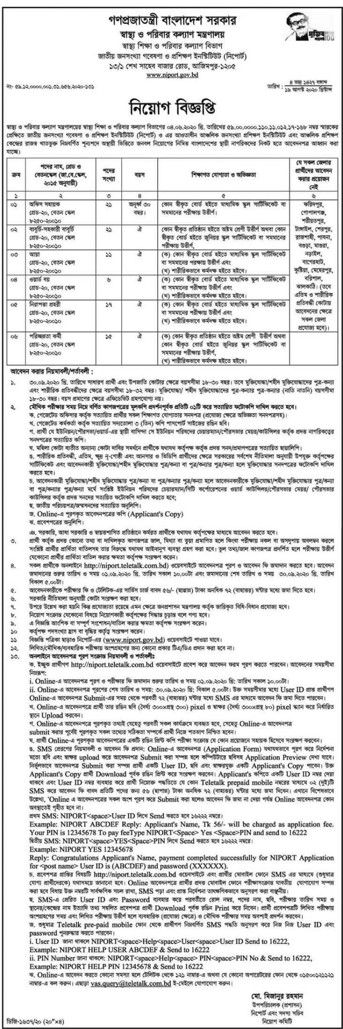 Niport Job Circular 2020 - www niport gov bd