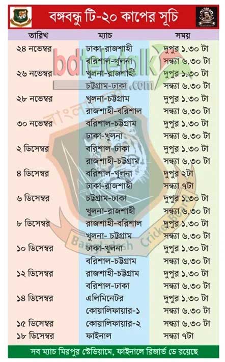 Bangabandhu T20 Cup 2020 Schedule