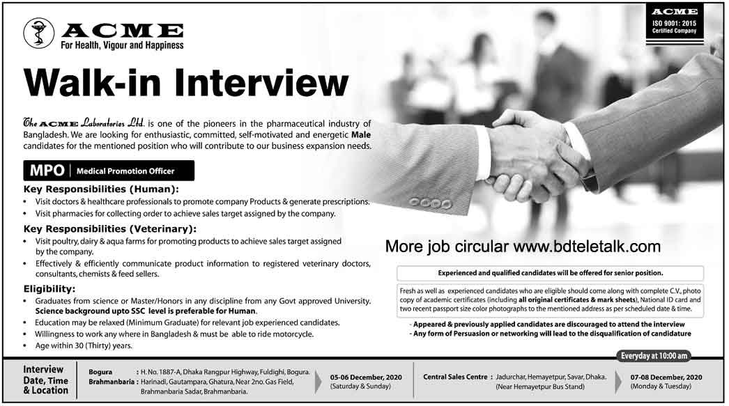 ACME Laboratories Ltd Job Circular 2020, Medical Promotion Officer