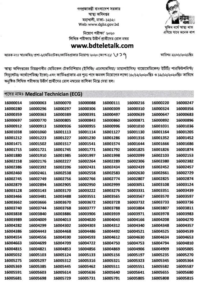 DGHSC Admit Card, Result www dghsc teletalk com bd