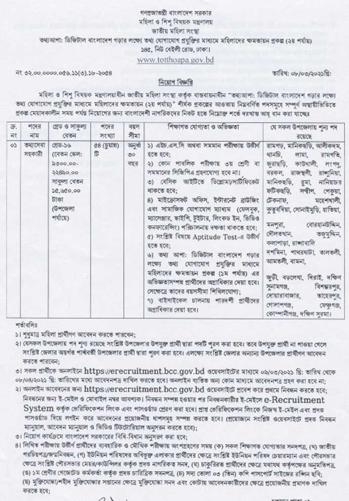 Tottho Apa job circular 2021